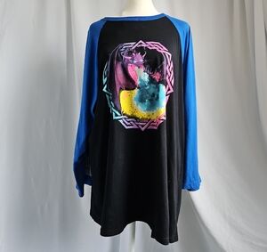Bella Canvas Women's Black Graphic Raglan Long-Sleeve Tee with Blue Sleeves